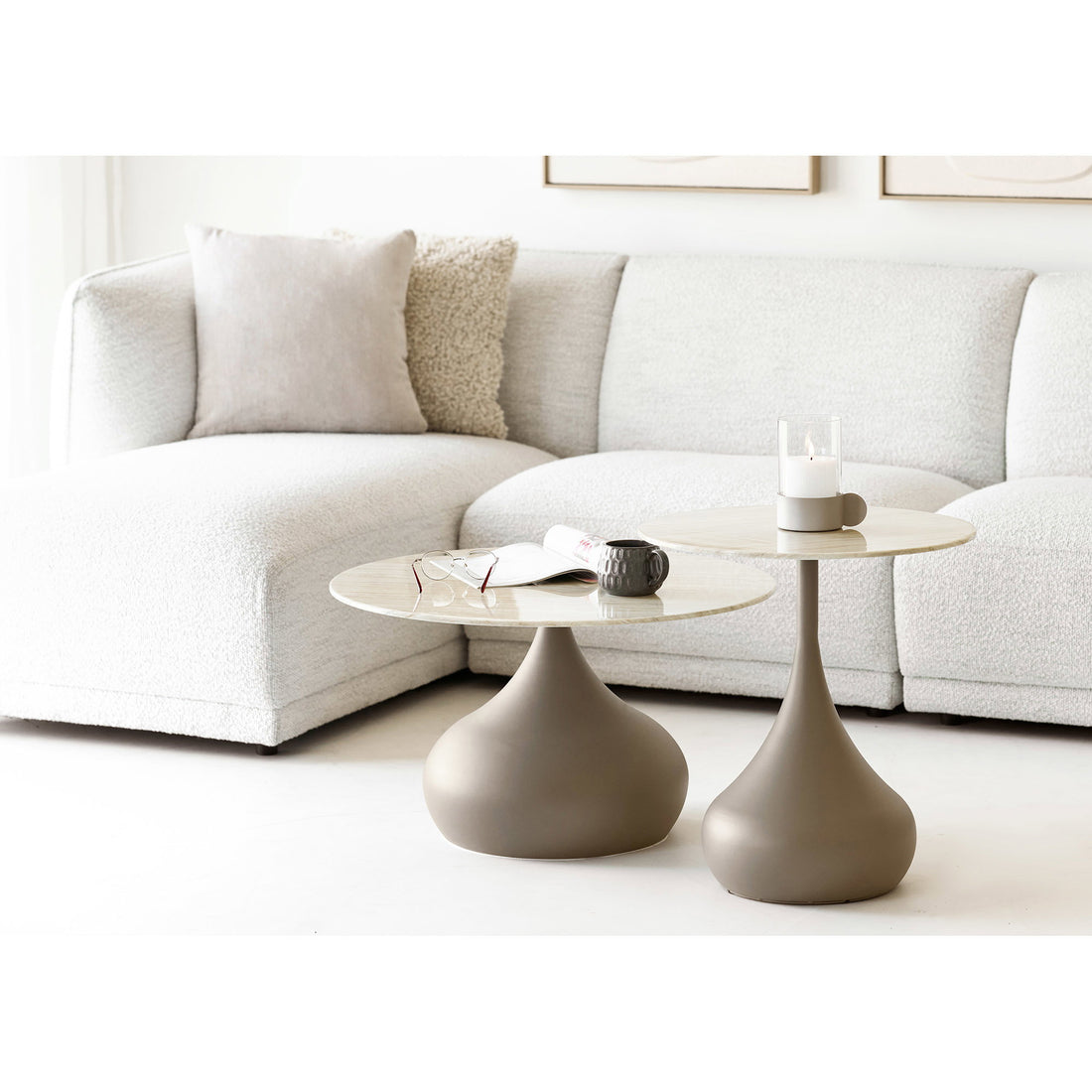 Pienza Coffee Table set of 2 - Coffee table set, metal/tempered glass, khaki ø70x42 &amp; ø50x54 cm