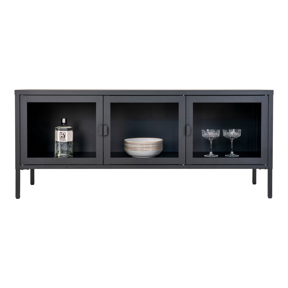 Brisbane TV Bench - TV Bench, 3 glass doors, steel, black 130x40x55 cm