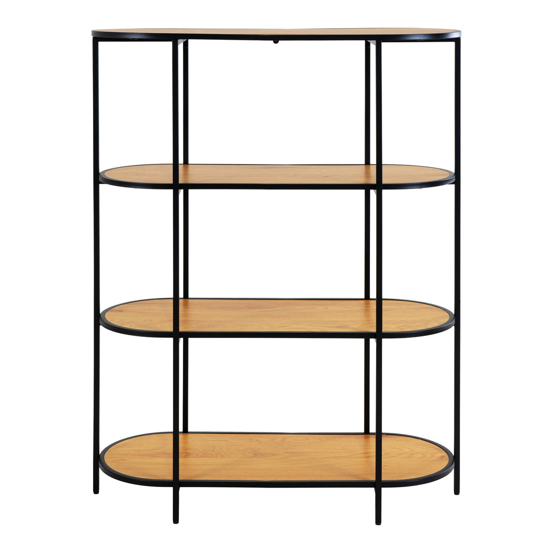 Vita shelf - Oval shelf, 4 shelves, oak look, black frame 85x36x111 cm