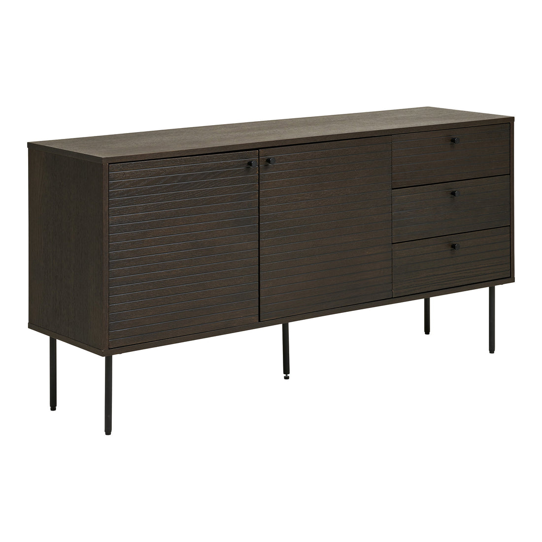 Kyoto Sideboard - Sideboard, 3 drawers, 2 doors, oak veneer, smoked, black metal legs 150x40x74 cm