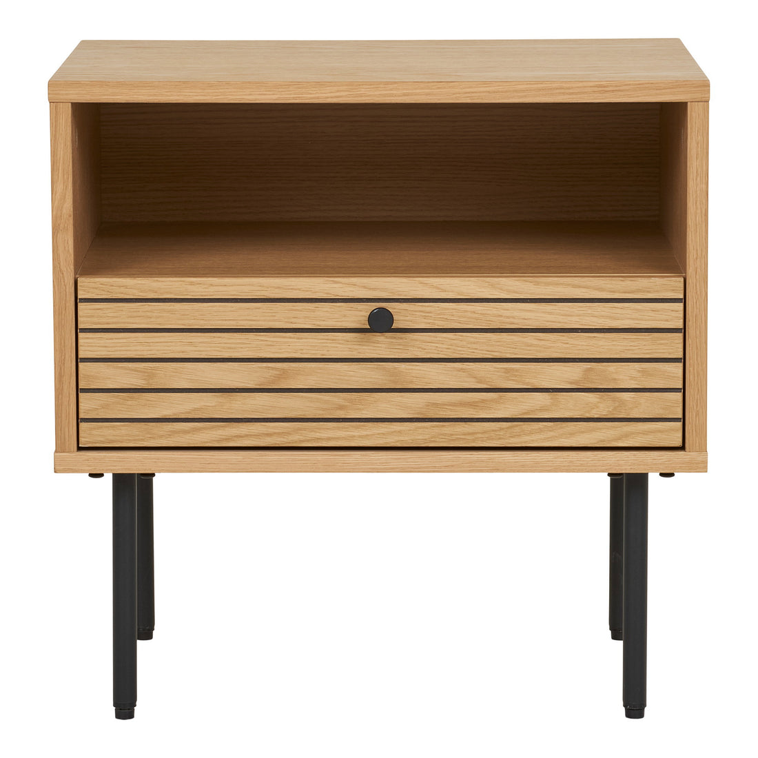 Kyoto Side Table - Side Table, 1 drawer, oak veneer, natural, black metal legs 50x40x50 cm