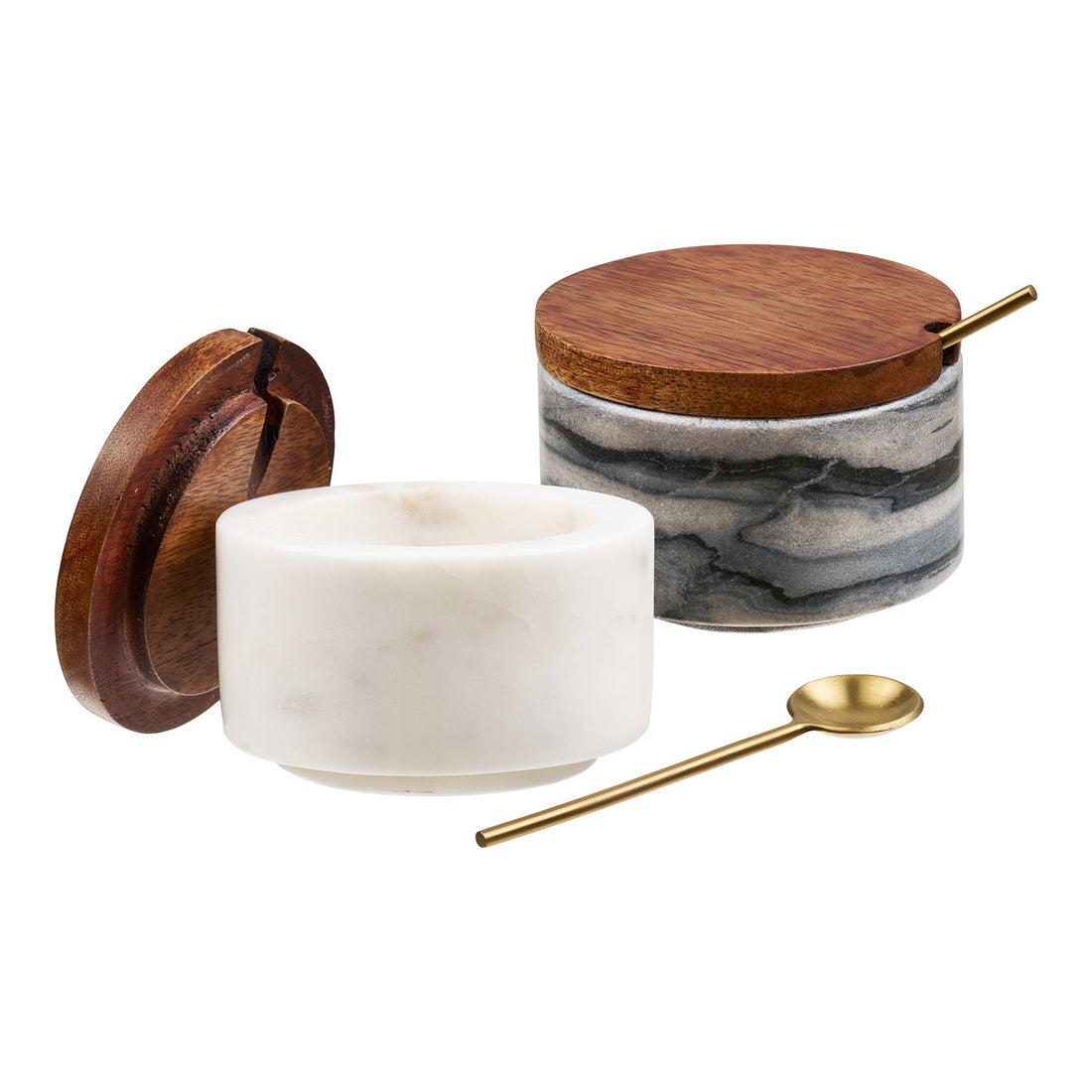 Pauri Storage Jar with spoon - Storage jar with spoon, marble, grey/white/brass set of 2
