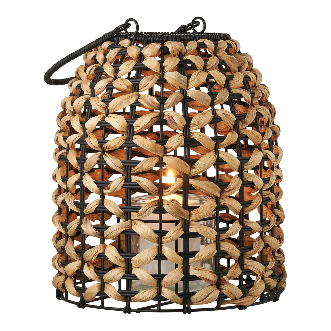 Pinto Lantern - Lantern, PE/water hyacinth, glass, natural/black