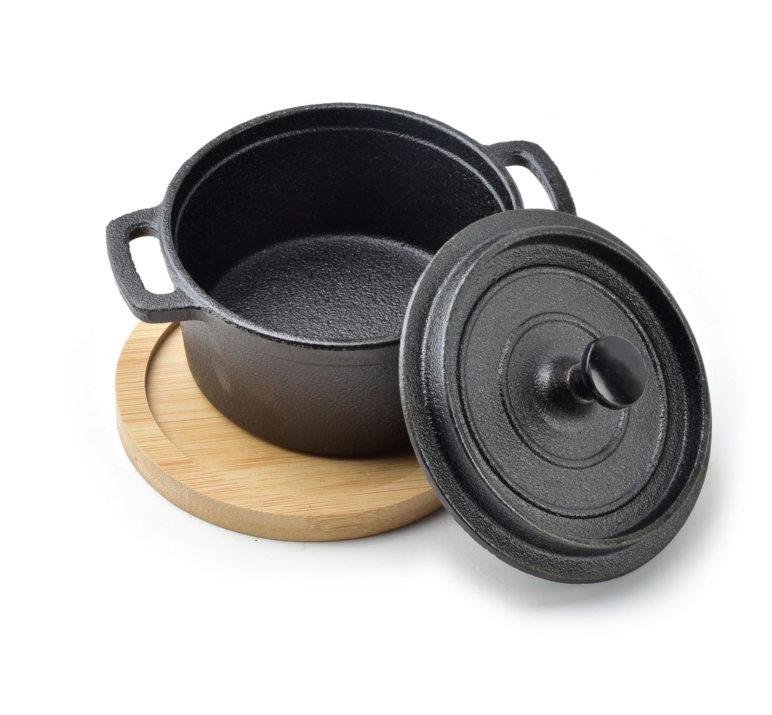 LUXE Naczynie żeliwne mini z pokrywką na desce 13x10x7,5cm 210ml